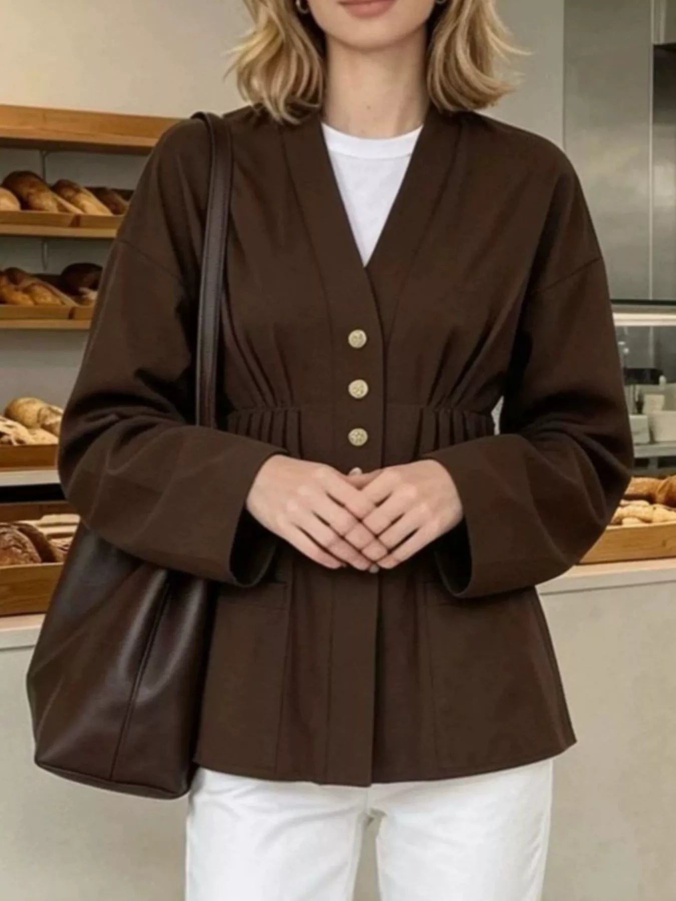 Pleated Waist Blouse with Button Detail