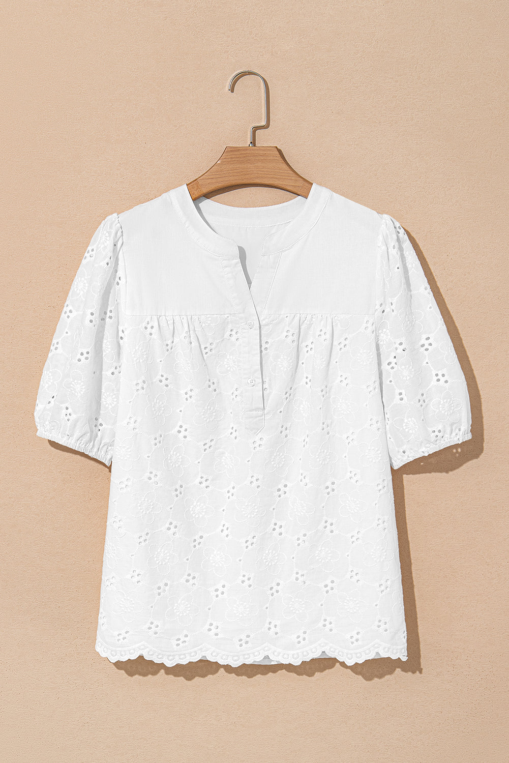 Sky Blue Lace Crochet V Neck Half Sleeve Embroidery Button Down Blouses Casual Shirts