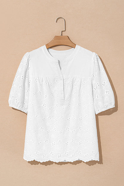 Sky Blue Lace Crochet V Neck Half Sleeve Embroidery Button Down Blouses Casual Shirts