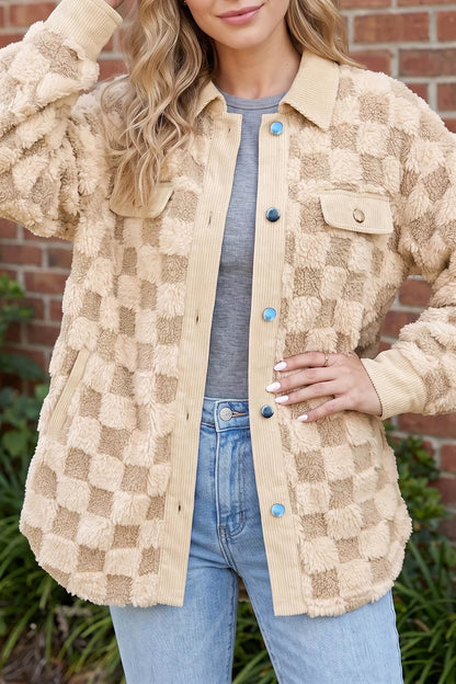 Plush Checkered Corduroy Trim Metal Button Long Sleeve Shift Silhouette Shacket