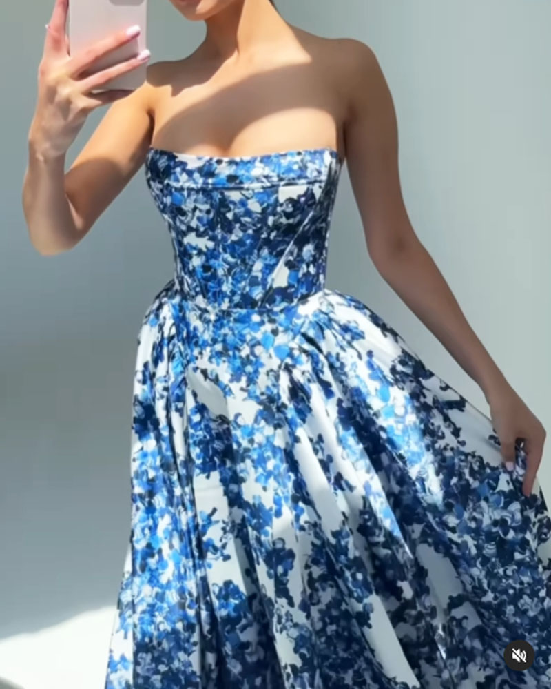 Elegant Strapless Printed String Dress