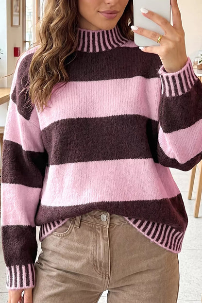 Stripe Contrast High Neck Dropped Shoulder Relaxed Sweater