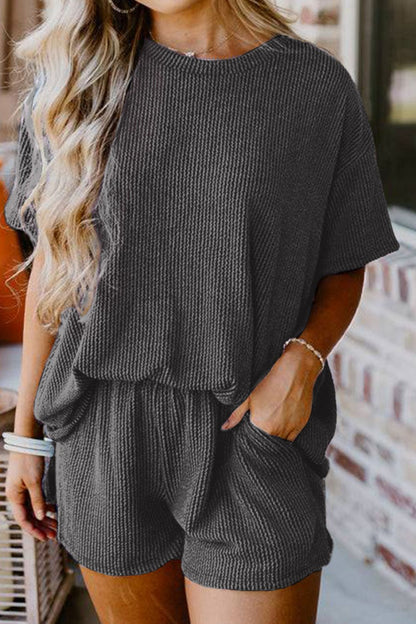 Blue Zone Planet | Textured Round Neck Top And Shorts Set