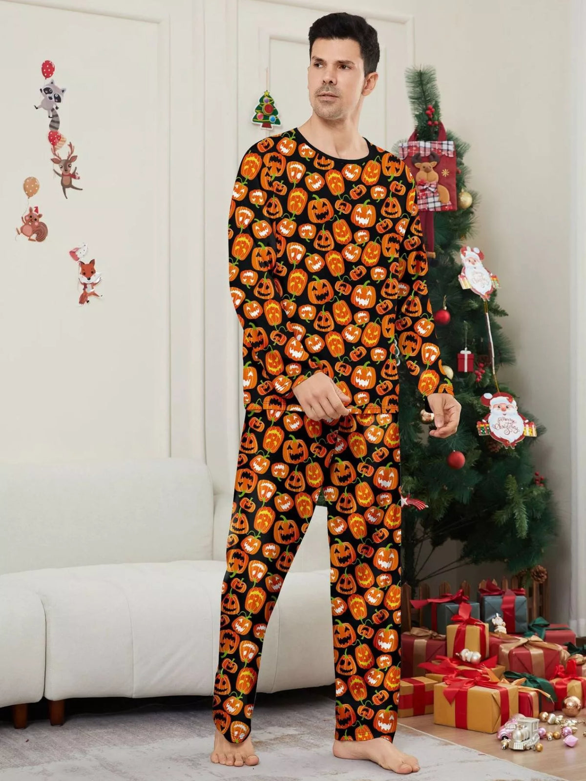 Full Size Family Matching Halloween Pumpkin Print Pajama Set Plus Size