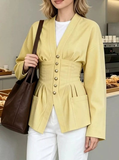 Pleated Waist Blouse with Button Detail