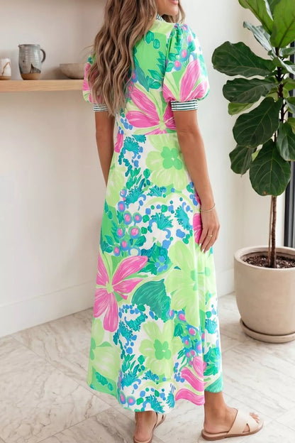 Floral Print Button-Up Midi Dress with Puff Sleeves
