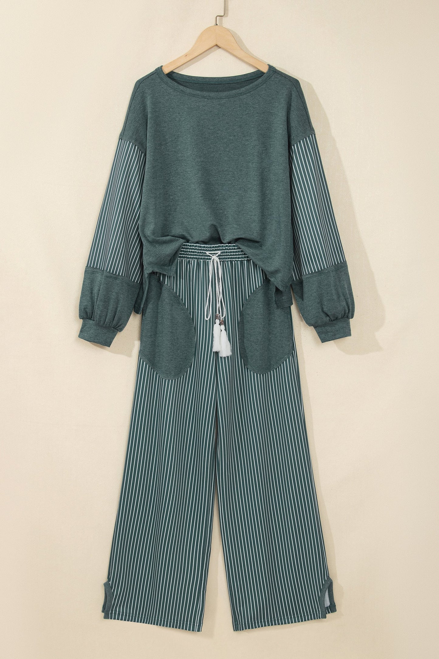 Fushia Raw Seam Patchwork Long Sleeve Top Pocket Casual Pants 2pcs Set