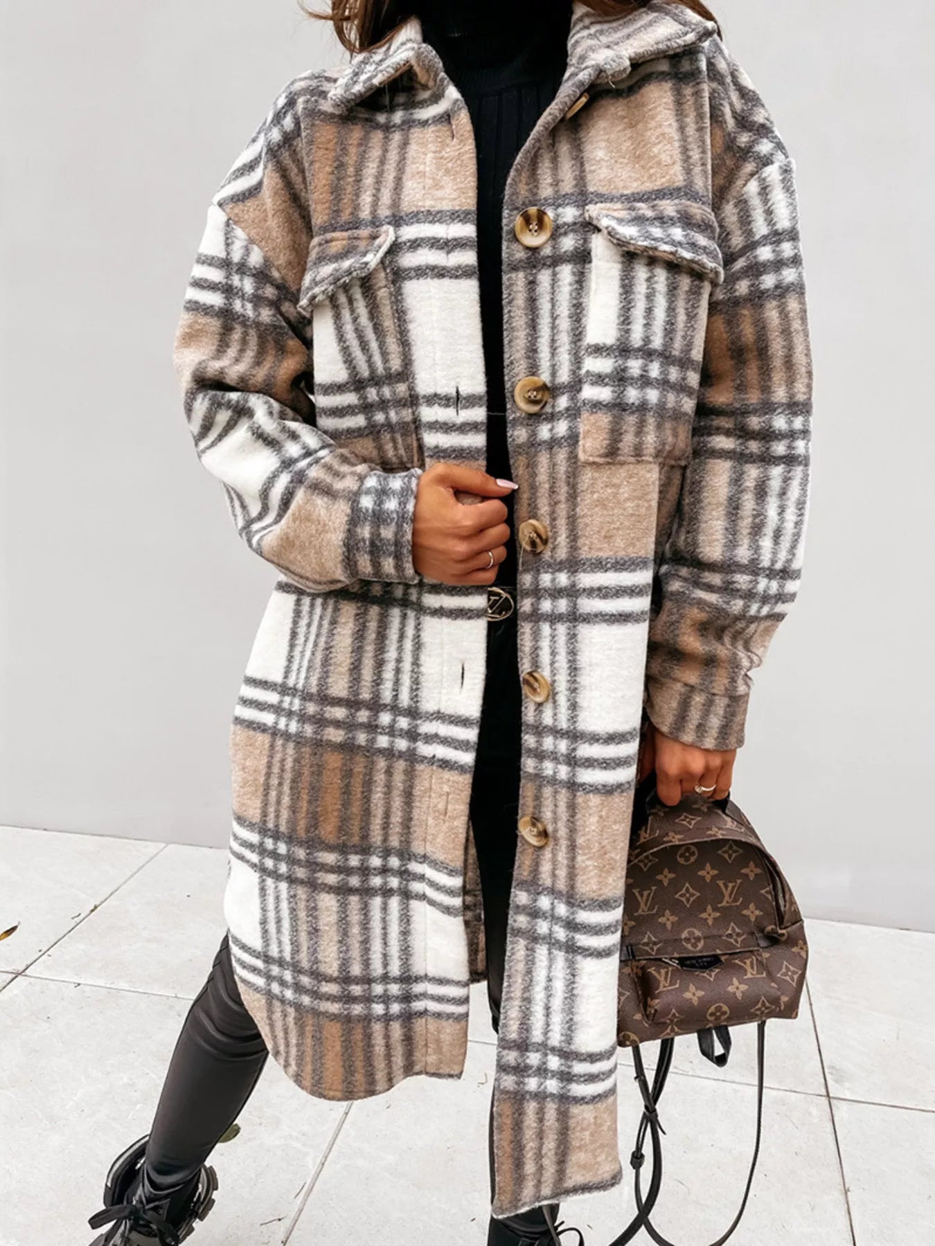 Longline Plaid Button-Up Coat for Women | Boutique Outerwear
