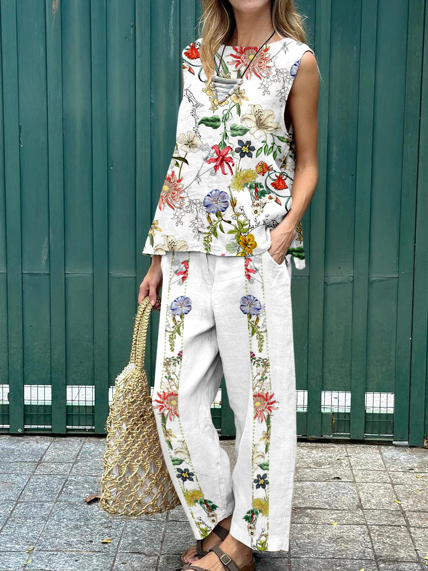 Casual Sleeveless Floral Print Vest & Pants Two-Piece Set