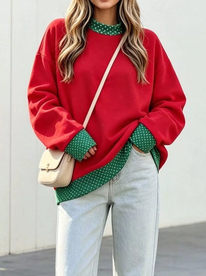 Polka Dot Contrast Trim Dropped Shoulder Sweatshirt