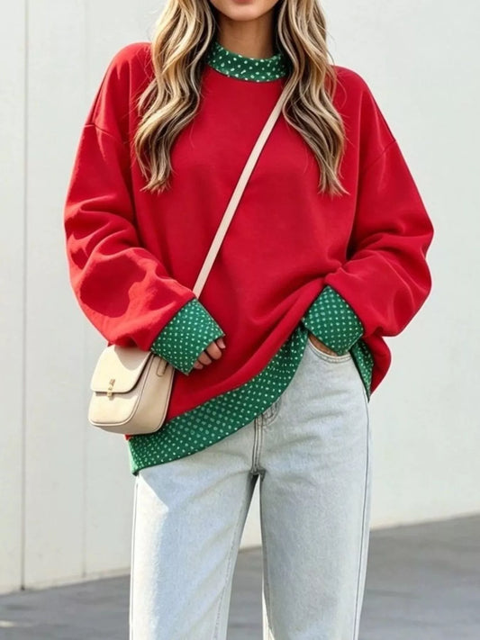 Polka Dot Contrast Trim Dropped Shoulder Sweatshirt