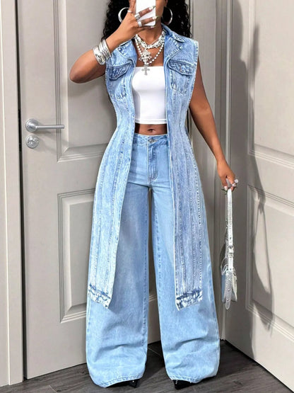 High-Low Open Front Denim Vest