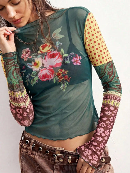 Floral Print Mesh Mock Neck Long Sleeve Top