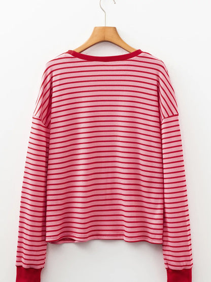 Stripe Textured Round Neck Drop Shoulder Long Sleeve T Shirt