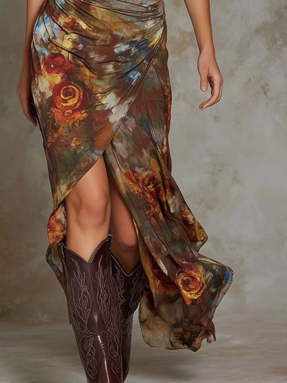 Floral Print Ruched Wrap Midi Dress