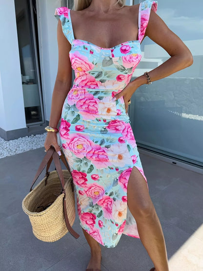 Midi-Kleid mit Schlitz und Herzausschnitt