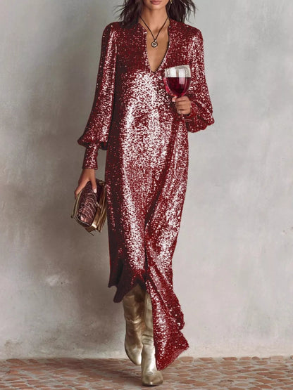 Aria's Sequin Notched Lantern Sleeve Maxi Dress