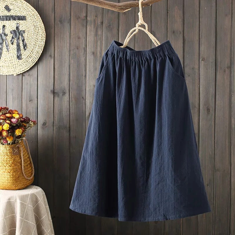 Cotton Linen Vertical Stripe Casual Skirt