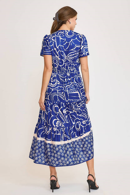 Umgee Full Size Printed Notched Short Sleeve Tiered Dress Plus Size