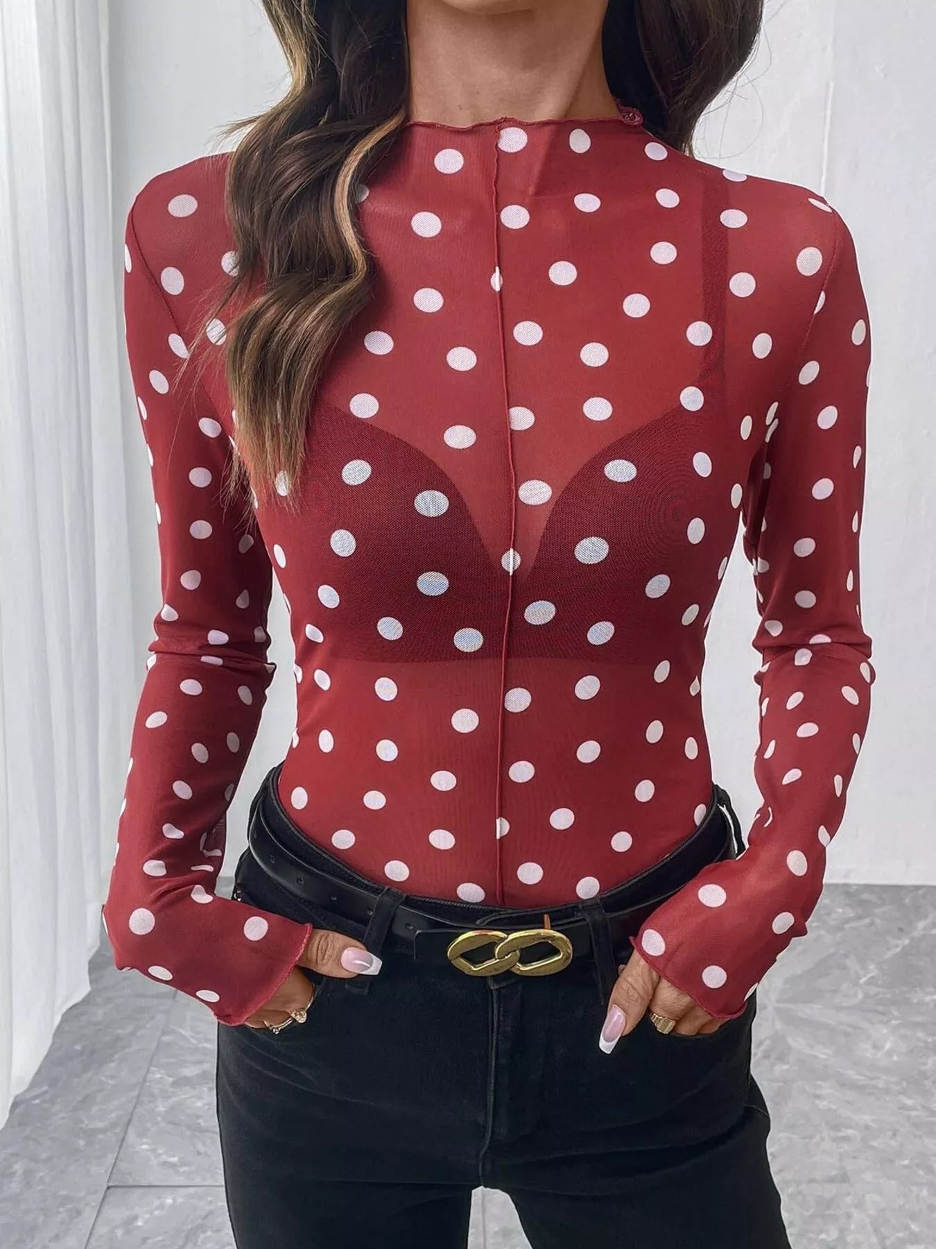 Sheer Polka Dot Long Sleeve Mock Neck Top