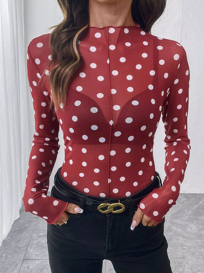 Sheer Polka Dot Long Sleeve Mock Neck Top