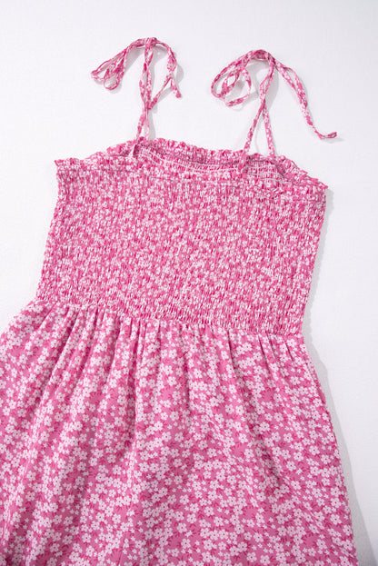Dusk Blue Thin Straps Smocked Bodice Wide Leg Floral Jumpsuit