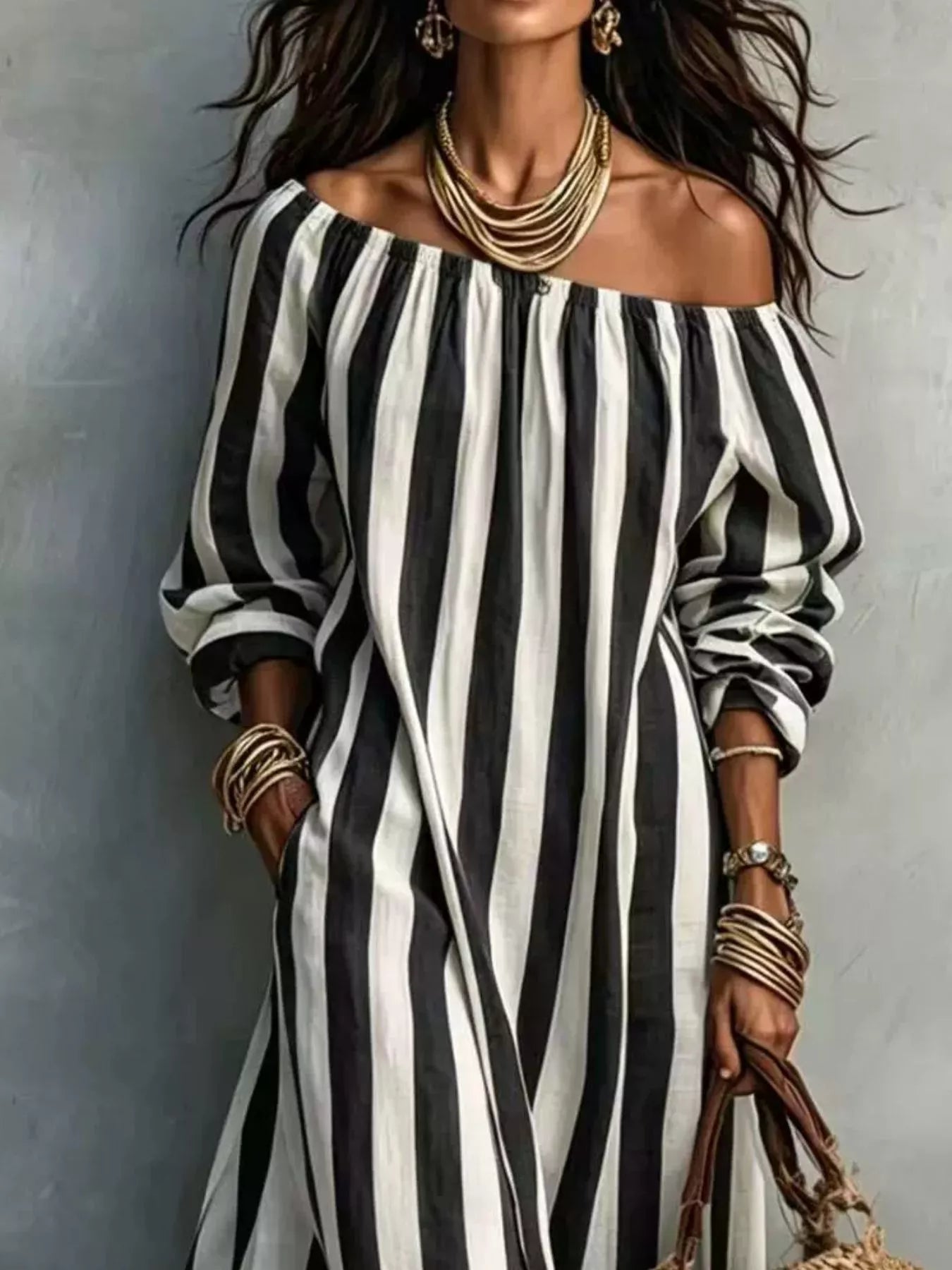 Off-Shoulder Striped Dress with Pockets