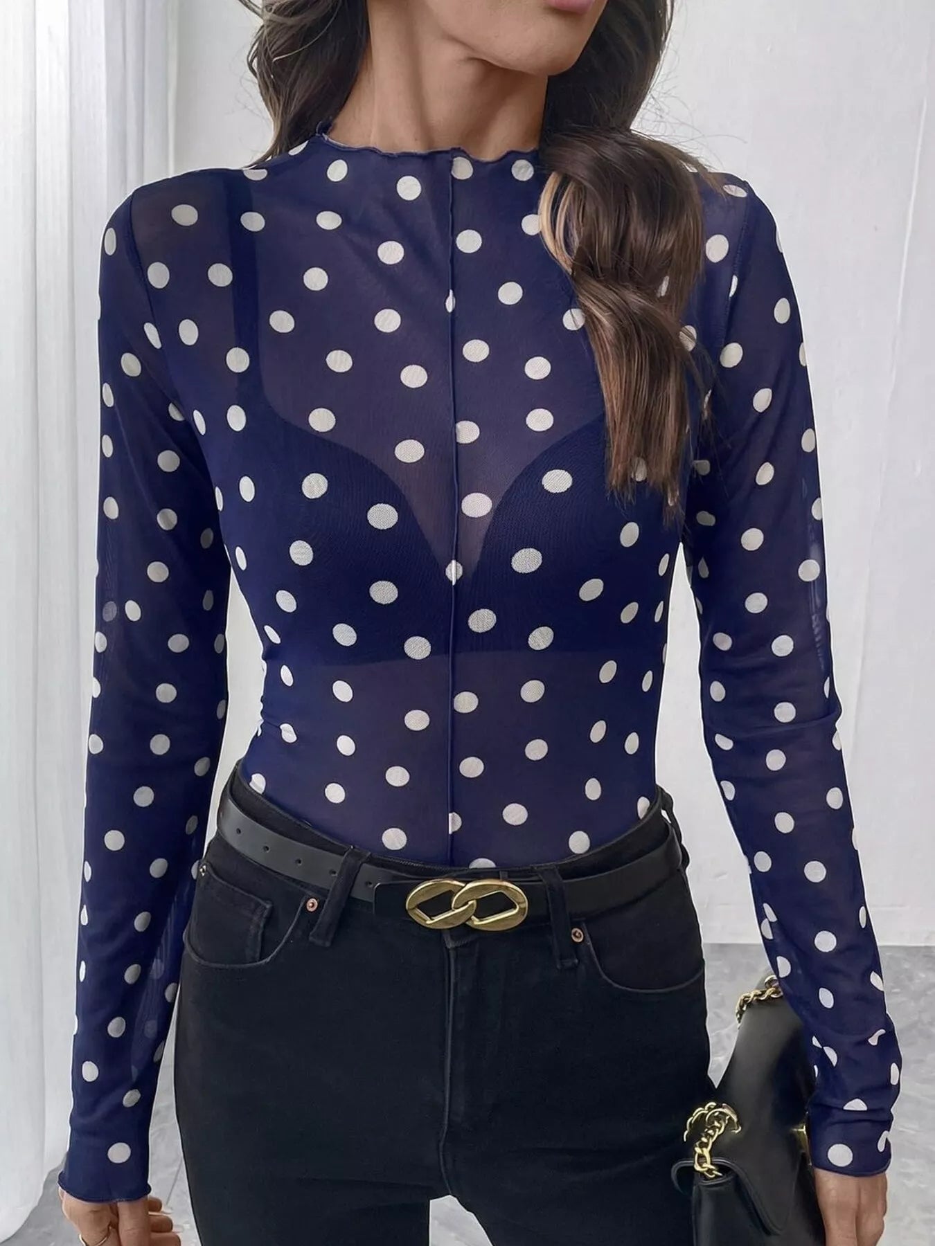 Sheer Polka Dot Long Sleeve Mock Neck Top