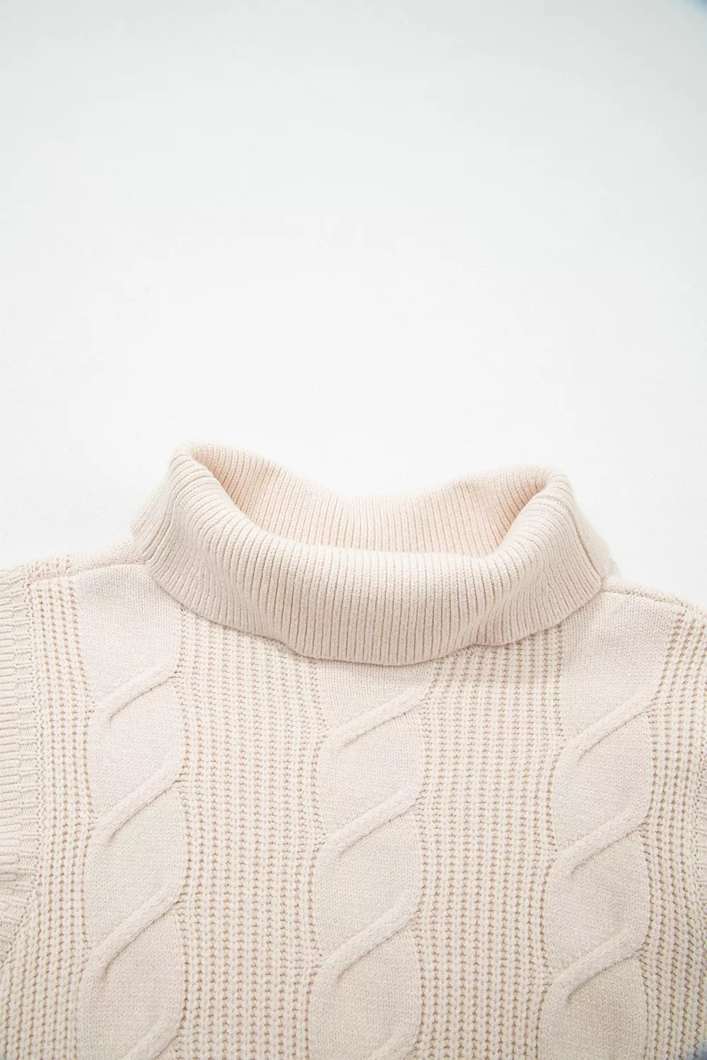 Cable Knit Turtleneck Ruffled Short Sleeve Sweater