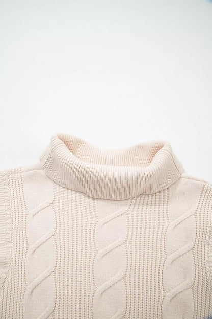 Cable Knit Turtleneck Ruffled Short Sleeve Sweater