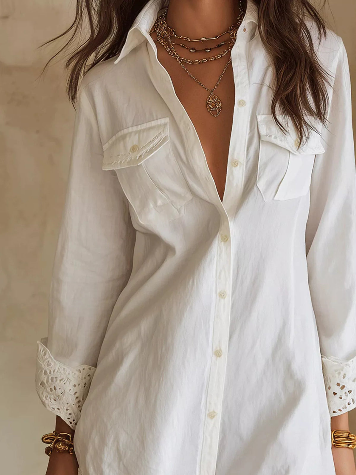 Button-Down Shirt Dress with Lace Trim