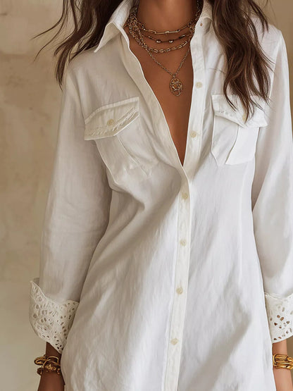 Button-Down Shirt Dress with Lace Trim
