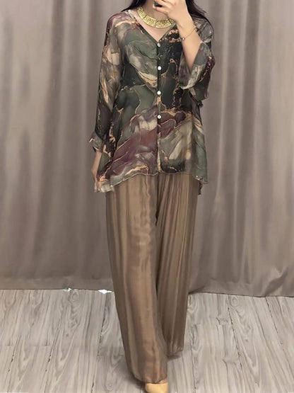 Baroque Style Printed Shirt Wide-leg Pant Suit