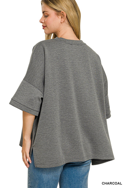 Zenana Full Size Scuba Round Neck Top With Side Slits Plus Size