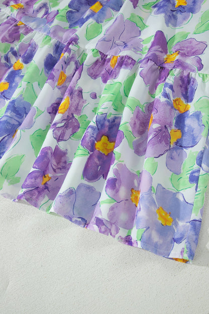 Purple Floral V Collar Short Sleeve Tiered Ruffle Mini Dress