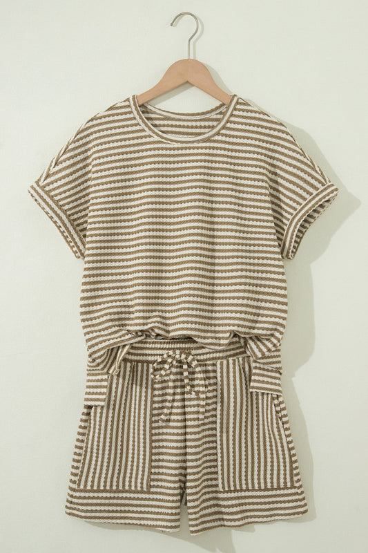 Brown Stripe Breathable Textured Knit Short 2pcs Set