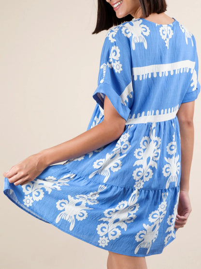 Printed V-Neck Short Sleeve Mini Dress