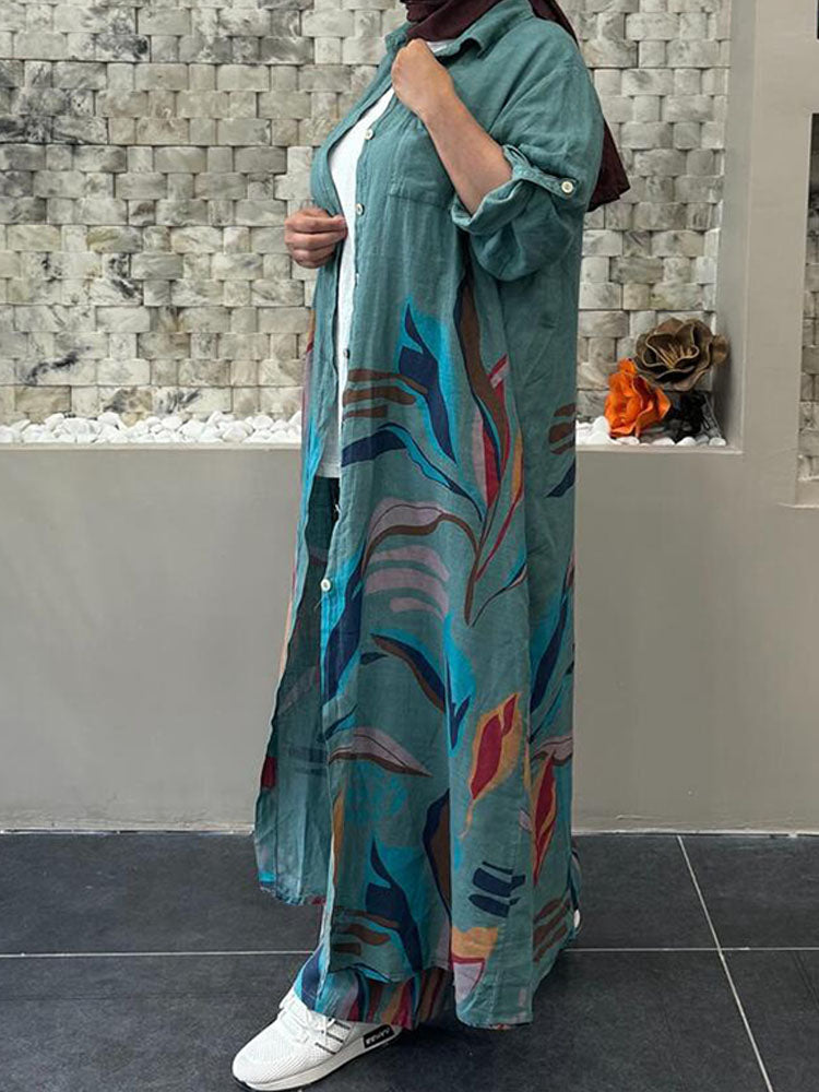 Casual Floral Printing Long Cardigan Wide-leg Trouser Suit