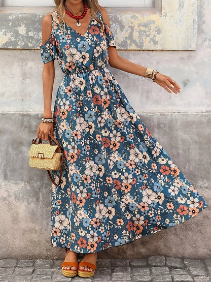 Cold Shoulder Floral Print Maxi Dress