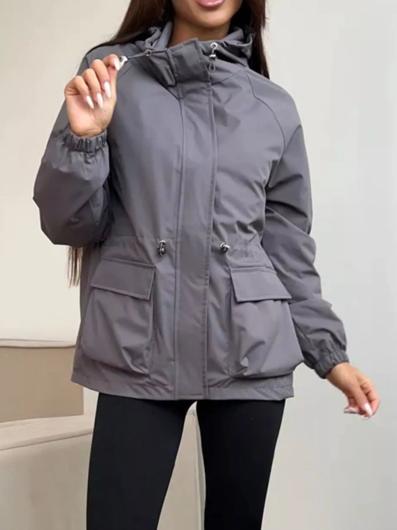 Drawstring Waist Hooded Windbreaker Outerwear