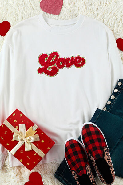 Blue Zone Planet | LOVE Embroidered Round Neck Dropped Shoulder Sweatshirt