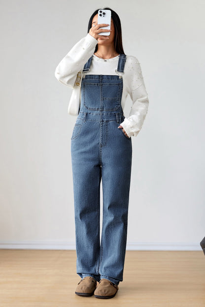 Dark Blue Retro Bib Pocket Buckle Straps Casual Denim Jumpsuit