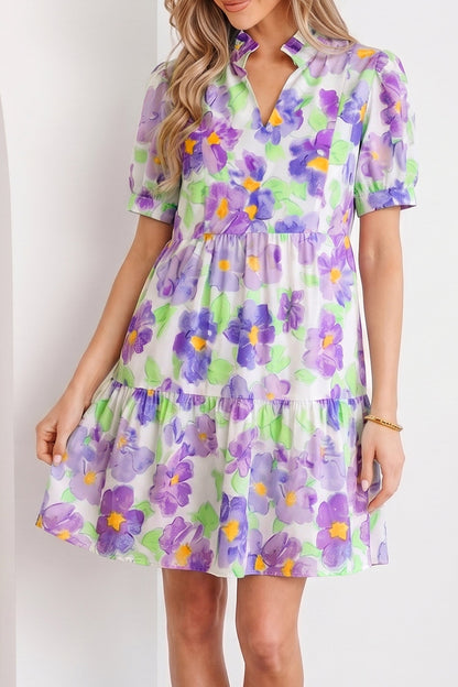 Purple Floral V Collar Short Sleeve Tiered Ruffle Mini Dress