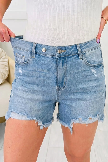 Asymmetric Raw Hem Distressed Whiskery Denim Shorts