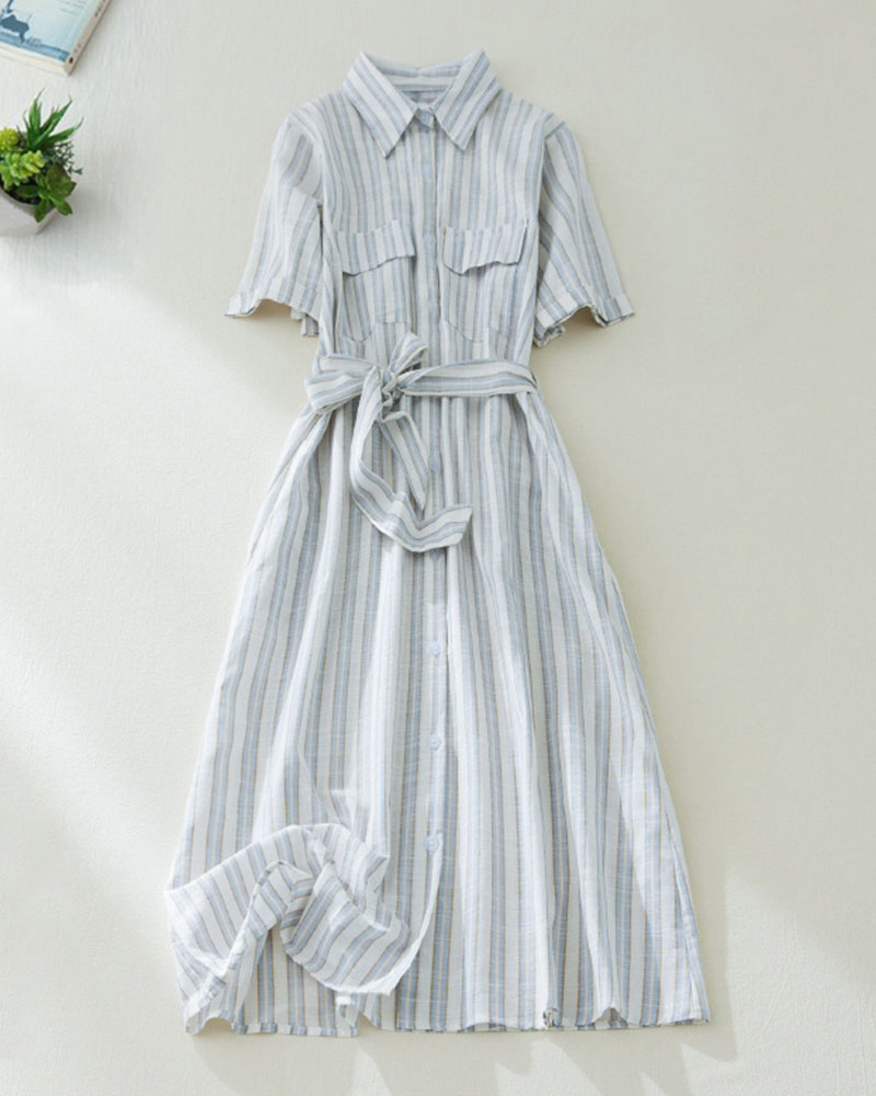 Light familiar tie vertical stripe POLO collar dress