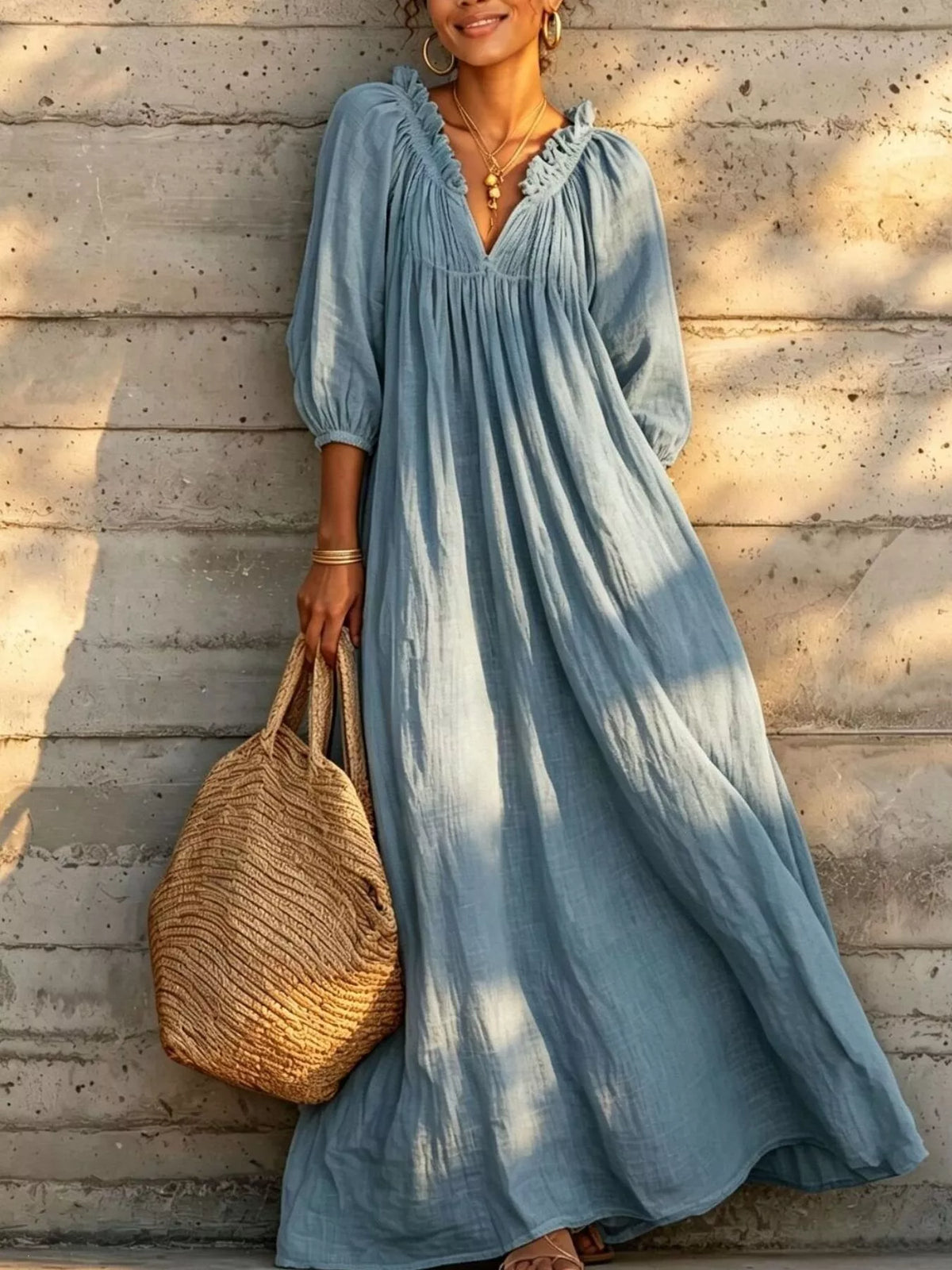 Tiered Notched 3/4 Sleeve Maxi Dress