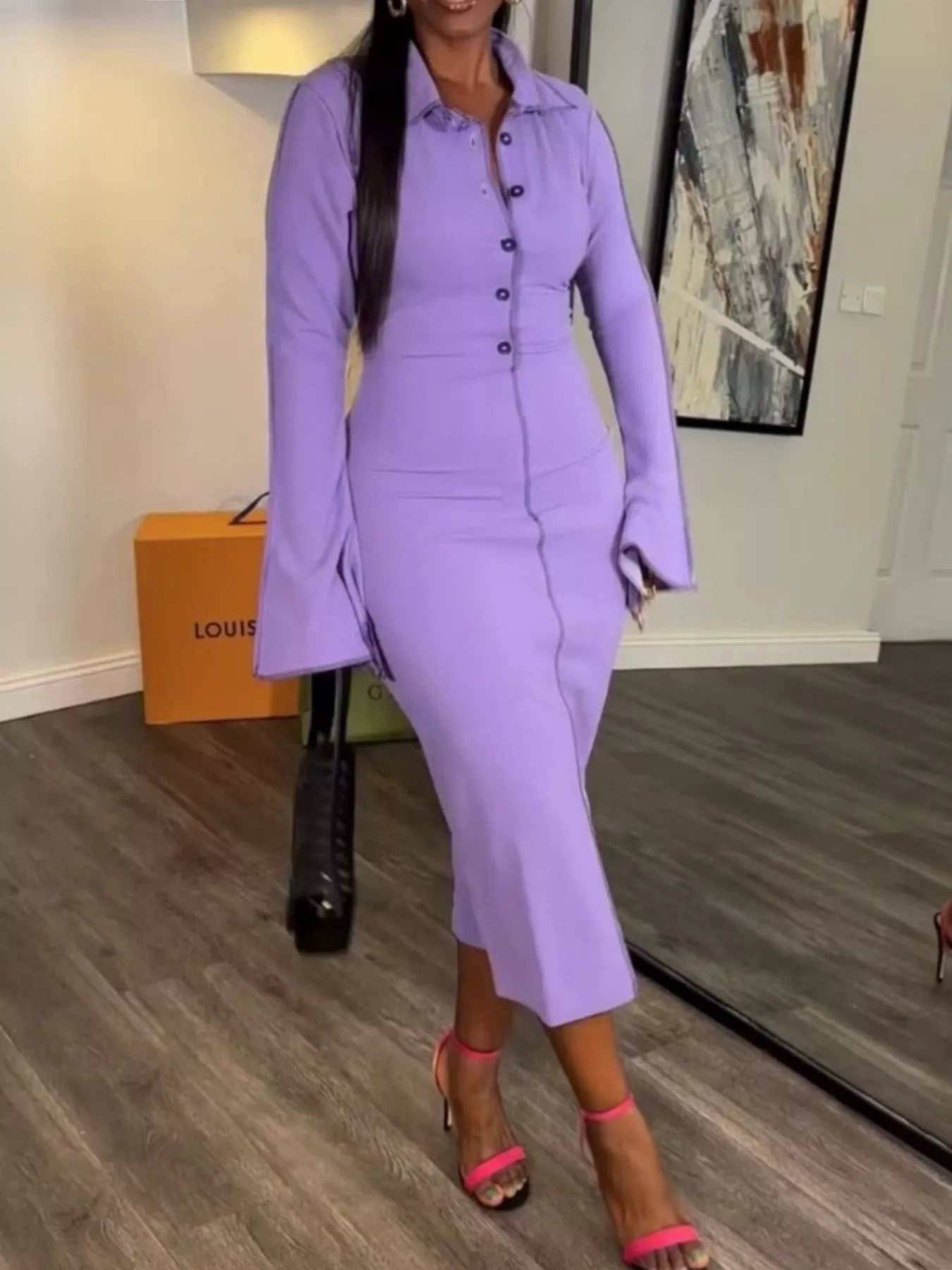 Button Front Long Sleeve Midi Dress