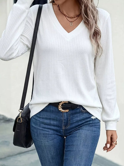 Ribbed V-Neck Long Sleeve T-Shirt
