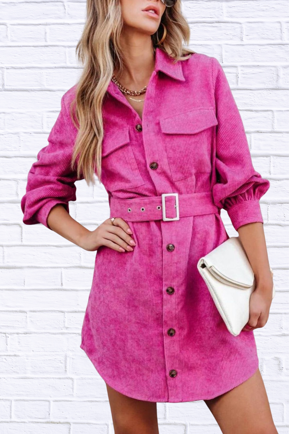 Button Front Belt Long Sleeve Corduroy Dress