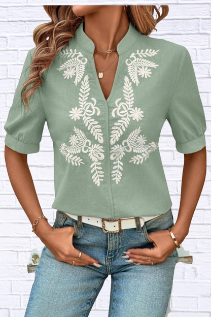 Embroidered Notched Neck Blouse for Women | Black Short Sleeve Floral